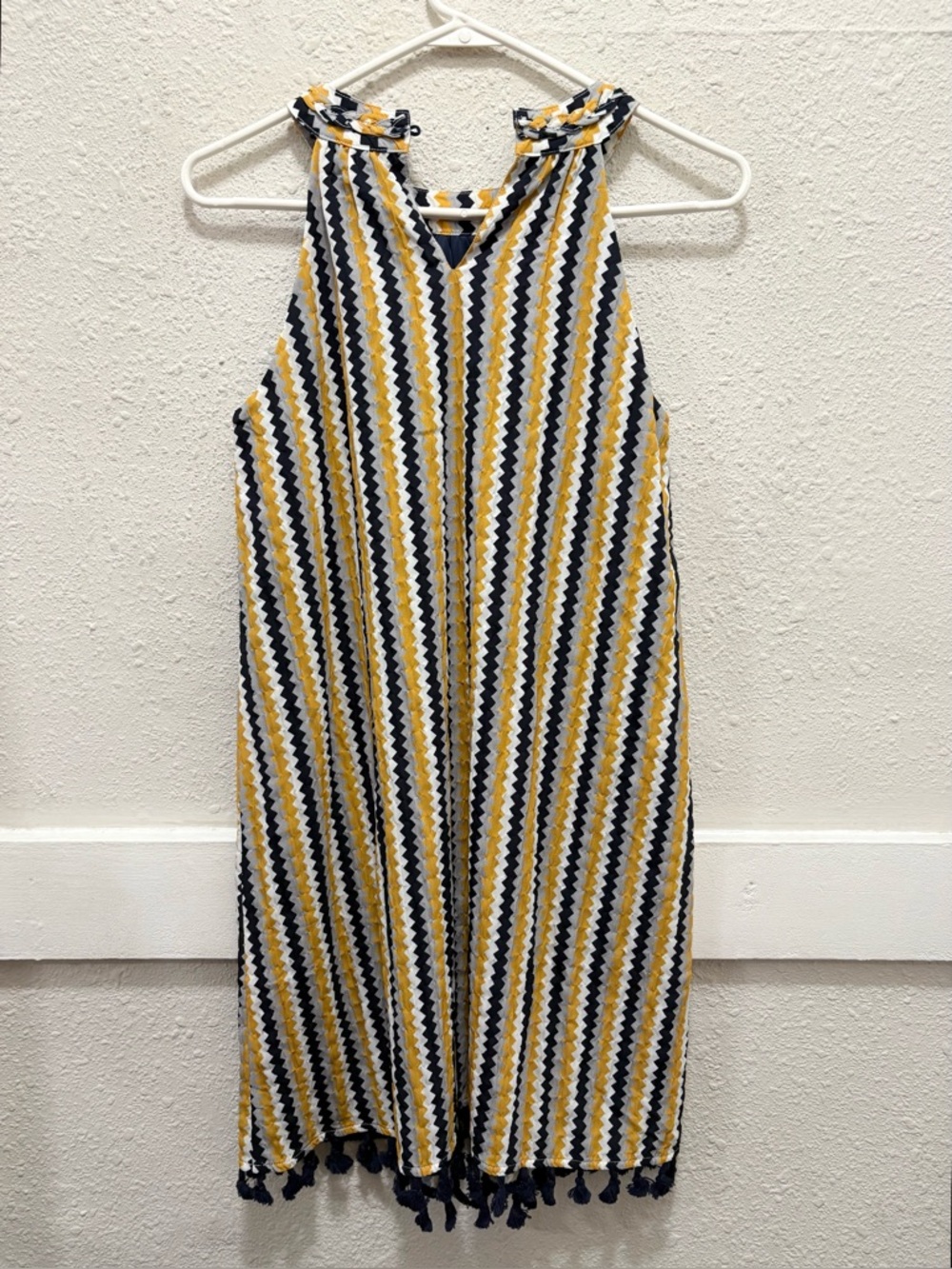 THML Women’s Dress Sydney Chevron Halter Fringe Hem Zigzag Yellow Blue Size XS - Picture 2 of 6